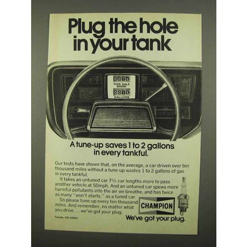 1975 Champion Spark Plugs Ad - Plug Hole in Your Tank