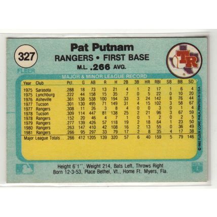 1982 Fleer baseball card 327 Pat Putnam– Rangers