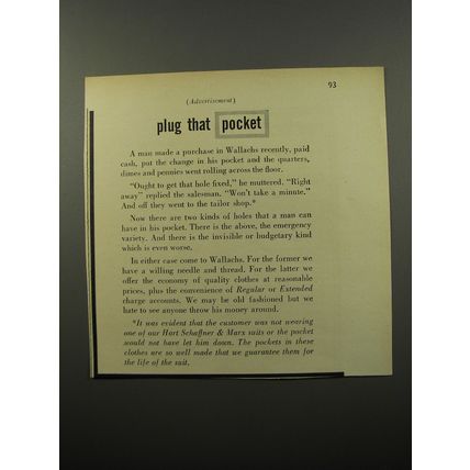 1950 Wallachs Hart Schaffner & Marx Suits Ad - Plug that pocket