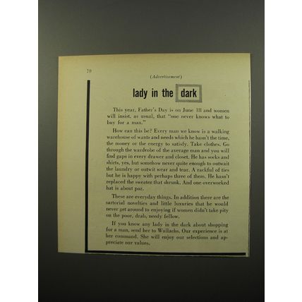 1950 Wallachs Clothes Ad - Lady in the dark