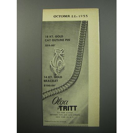 1955 Olga Tritt Jewelry Ad - 18 kt. gold cat outline pin