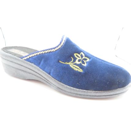 Ladies Mules Slippers Blue with Gold Trim & Flower Detail Wedge Heel Size 4