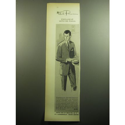 1958 De Pinna Grieco Suit Ad - De Pinna exclusive with De Pinna