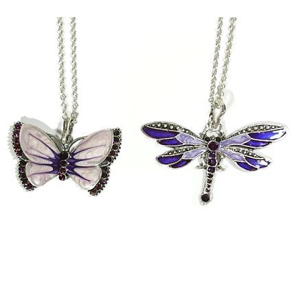 Silver Purple Butterfly Dragonfly Crystal Diamante Rhinestone Pendant Necklace