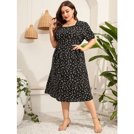 sleeve square neck slim fit dress Plus size women's printed short