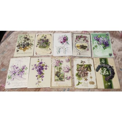 COLLECTION 10 GREETINGS FEAT VIOLETS FLOWERS VINTAGE POSTCARDS