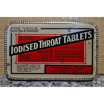 Iodised Throat Tablets tin, vintage, Timothy Whites & Taylors