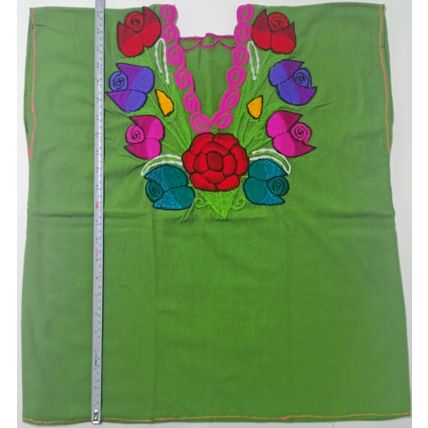 Multicolor Roses Bouquet Embroidered Cotton Canvas Green Blouse Chiapas Mexico