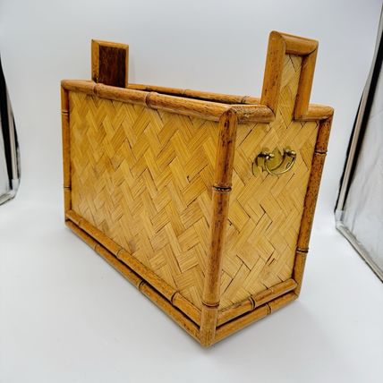 MCM Bamboo & Brass accents Wicker weave rattan magazine rack