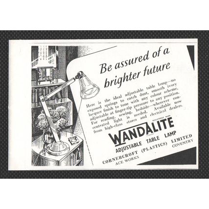 WANDALITE Adjustable Table Lamp CORNERCROFT LTD. COVENTRY : Vintage 1947 Advert