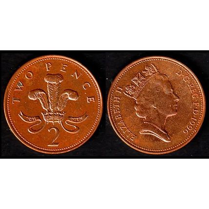 United Kingdom Two Pence 1996 Used Coin 2d QE II UK