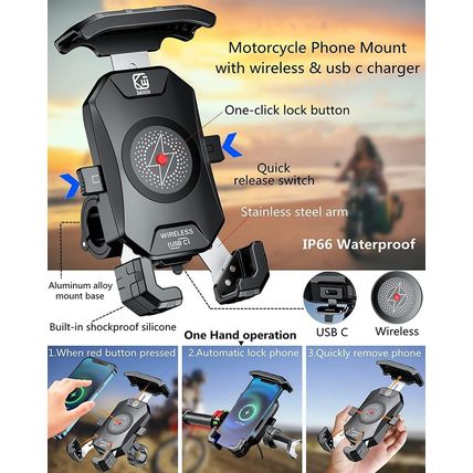 KEWIG Waterproof Motorcycle Phone Mount Qi 15W Wireless & USB C 20W Fast Chargei
