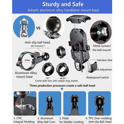 KEWIG Waterproof Motorcycle Phone Mount Qi 15W Wireless & USB C 20W Fast Chargei