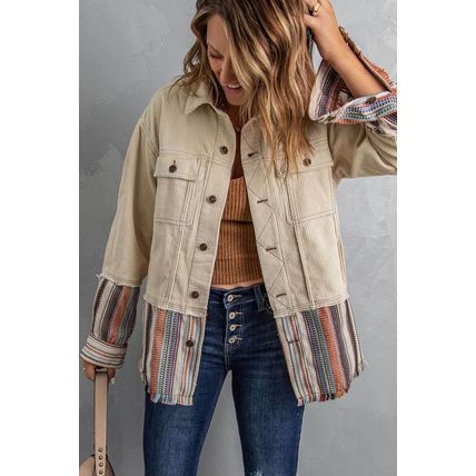 Button Up Pockets Striped Color Block Corduroy Jacket