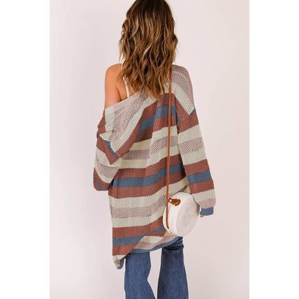 Blue Striped Color Block Hollowed Knit Cardigan