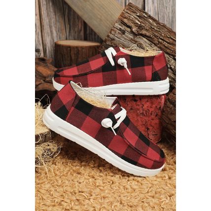 Red Vintage Plaid Lacing Decor Flat Shoes