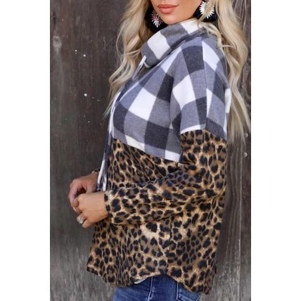 Leopard Leopard Plaid Patchwork Cowl Neck Sweatshirt