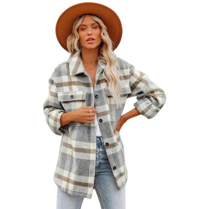 Brown Plaid Print Pocket Women Shacket