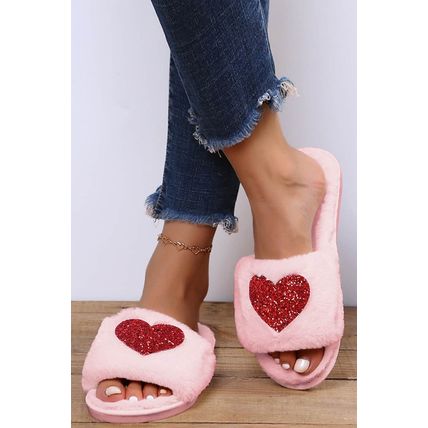 Pink Sequin Heart Shaped Slip On Plush Slippers