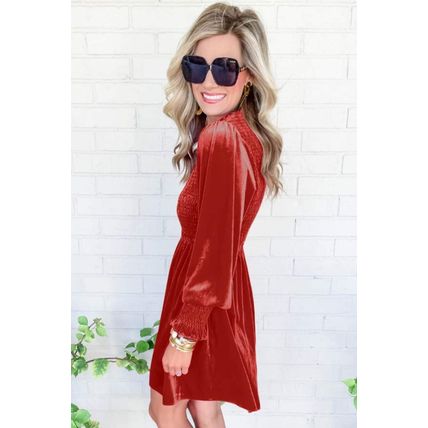 Red Clay Frilled Neck Smocked Bodice Velvet Dress