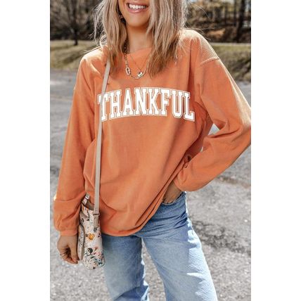Orange THANKFUL Crew Neck Pullover Sweatshirt