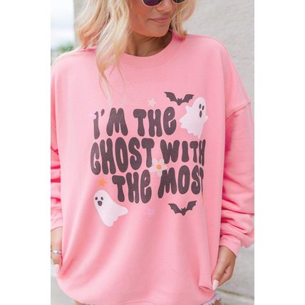 Pink Halloween Slogan Ghost Bat Graphic Drop Shoulder Sweatshirt