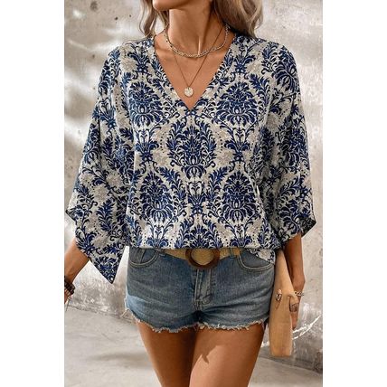 Blue Vintage Flower Tree Quarter Sleeve V Neck Blouse
