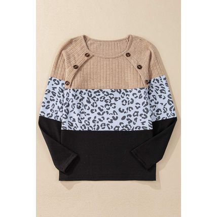 Black Cheetah Textured Patchwork Buttoned Round Neck T Shirt