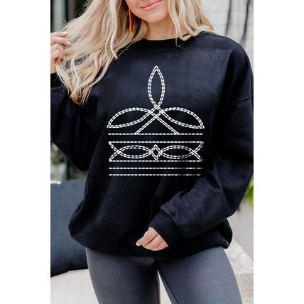 Black Western Pattern Print Round Neck Pullover Sweatshirt