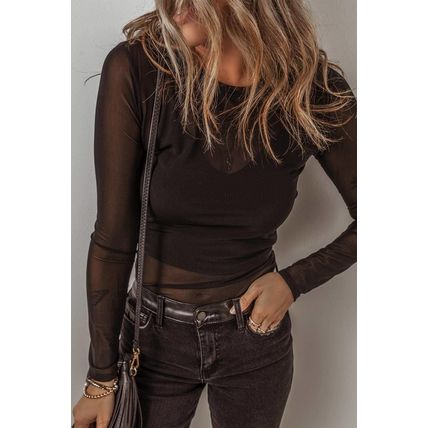 Black Mesh Long Sleeve Slim Fit Bodysuit