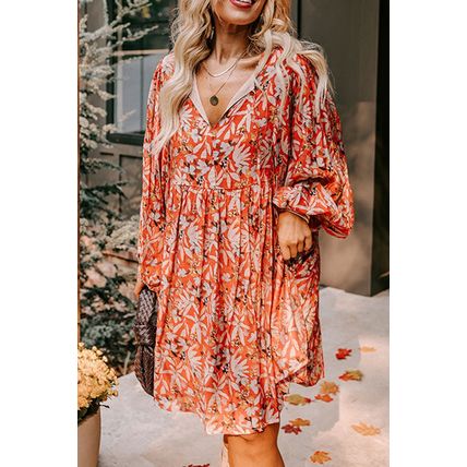 Orange Floral Print Split V Neck Bubble Sleeve Plus Size Midi Dress
