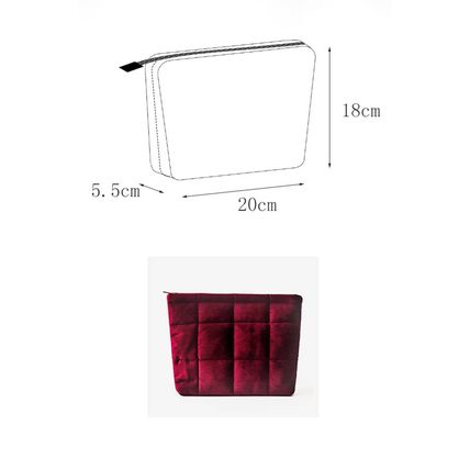 Burgundy Quilted Velour Zipper Cosmetic Organize Pouch