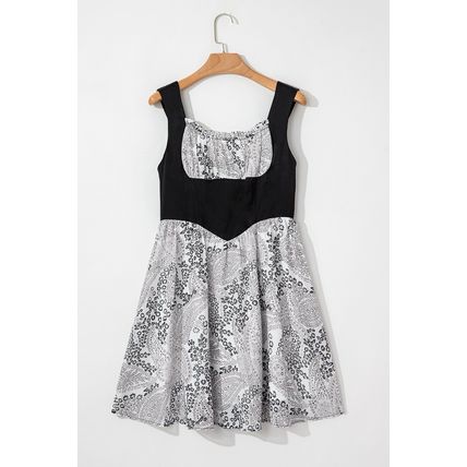 Black Sleeveless Leather Bustier Patchwork Paisley Floral Chiffon Dress