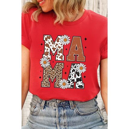 Red Western Animal Spots MAMA Letter Daisy Flower Printed Tee