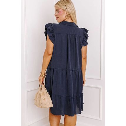 Navy Blue Collared V Neck Flutter Sleeve Tiered Plus Size Dress