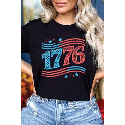 Black 1776 American Flag Theme Print Crew Neck T Shirt