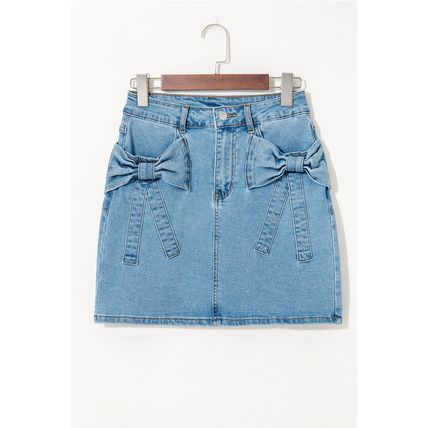 Dusk Blue Acid Wash Bowknot Details High Waist Denim Skirt