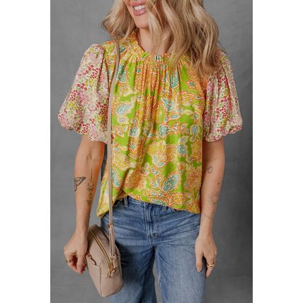 Multicolour Printed Contrast Bubble Sleeve Patchwork Blouse