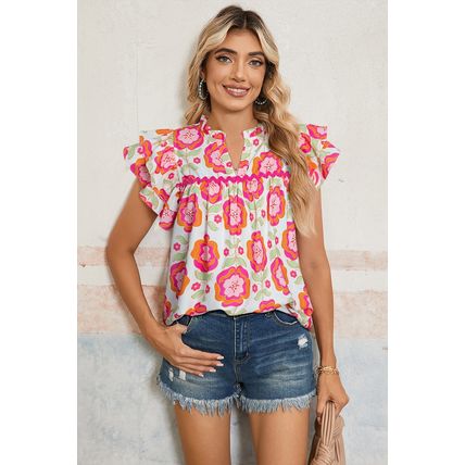 Rose Floral Ruffled Sleeve Ric-rac Trim Split Neck Loose Blouse