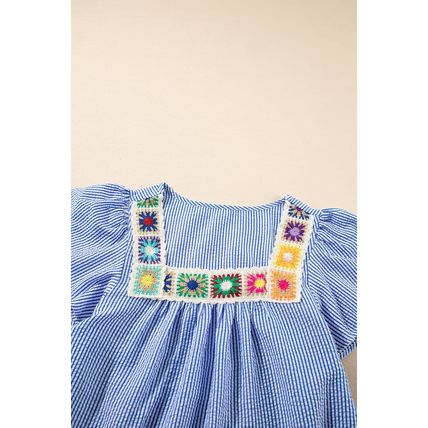 Sky Blue Stripe Textured Ruffle Short Sleeve Boho Detail Square Neck Blouse