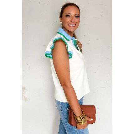 White Color Contrast Ruffled Sleeve Collared V Neck Blouse