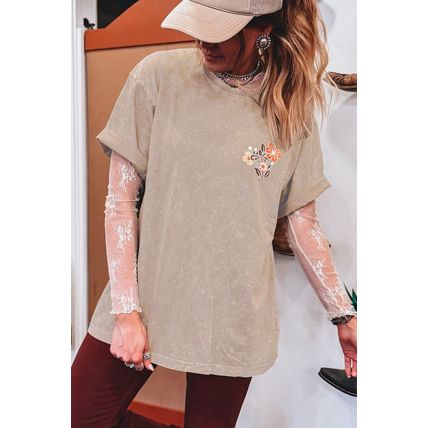 Smoke Gray Mineral Wash Floral Steer Head Printed Back Western Fashion Tee