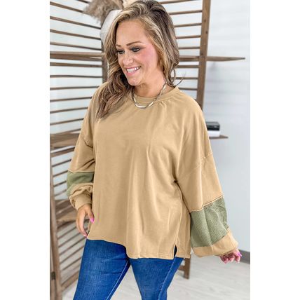 Laurel Green Exposed Seam Contrast Texture Patchwork Plus Size Drop Shoulder Pul