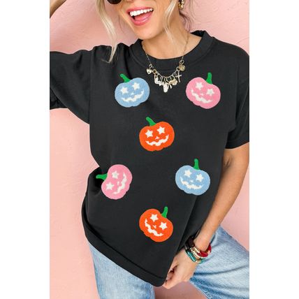 Black Chenille Pumpkin Patched Playful Halloween T Shirt
