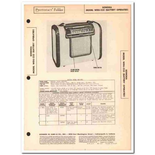 sonora model wdu-233 portable am radio receiver sams photofact manual