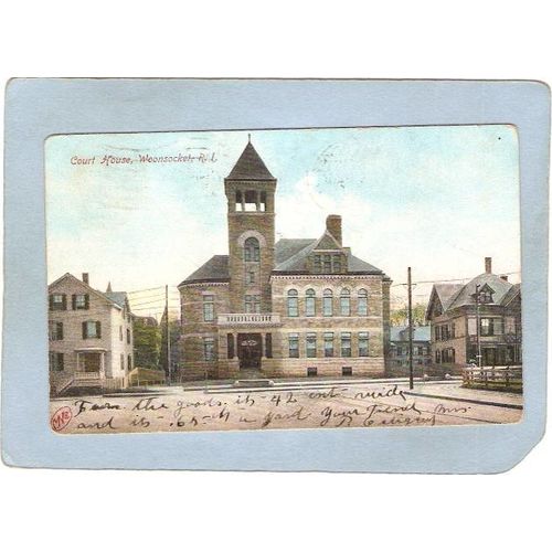 Rhode Island Woonsocket Postcard Court House Street Scene Intersection~1249