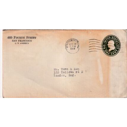 United States 1919 San Francisco CAL-London UK Cover San Francisco cancel typed