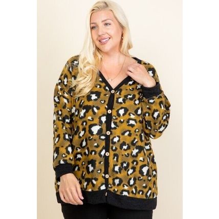 Plus Size Cozy Animal Mir Print With Brush Button Up Cardigan