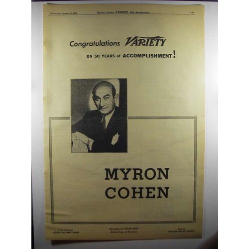 1956 Myron Cohen Ad - Congratulations Variety 50 Years