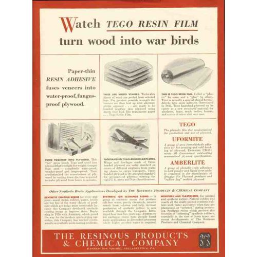 RESINOUS PRODUCTS CHEMICAL 1943 Tego Resin Film war birds vintage ad